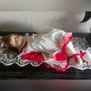 Porcelain soft body heavy weighted Baby Doll in White and Red Dress - Kids Toys